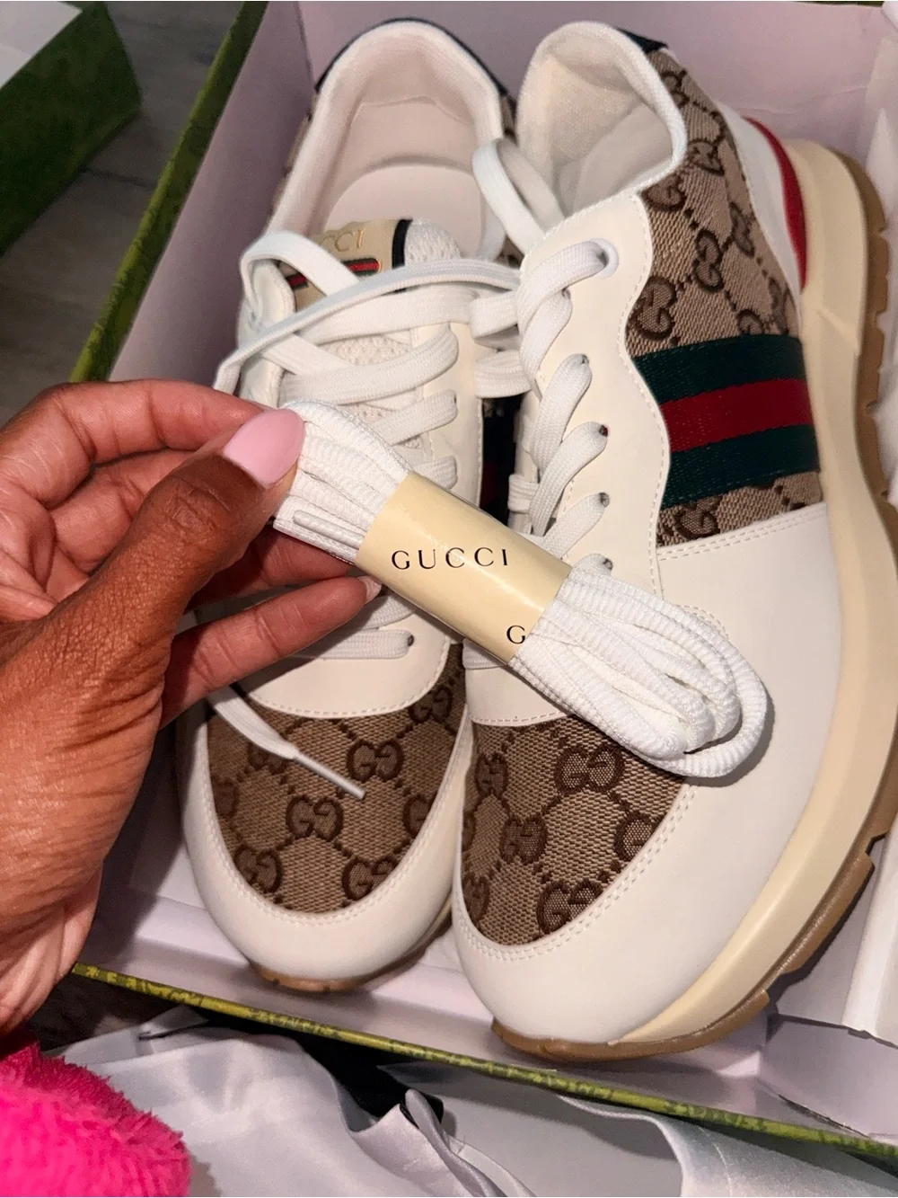 Gucci White Leather & GG Canvas Sneaker with Green-Red-Green Stripe